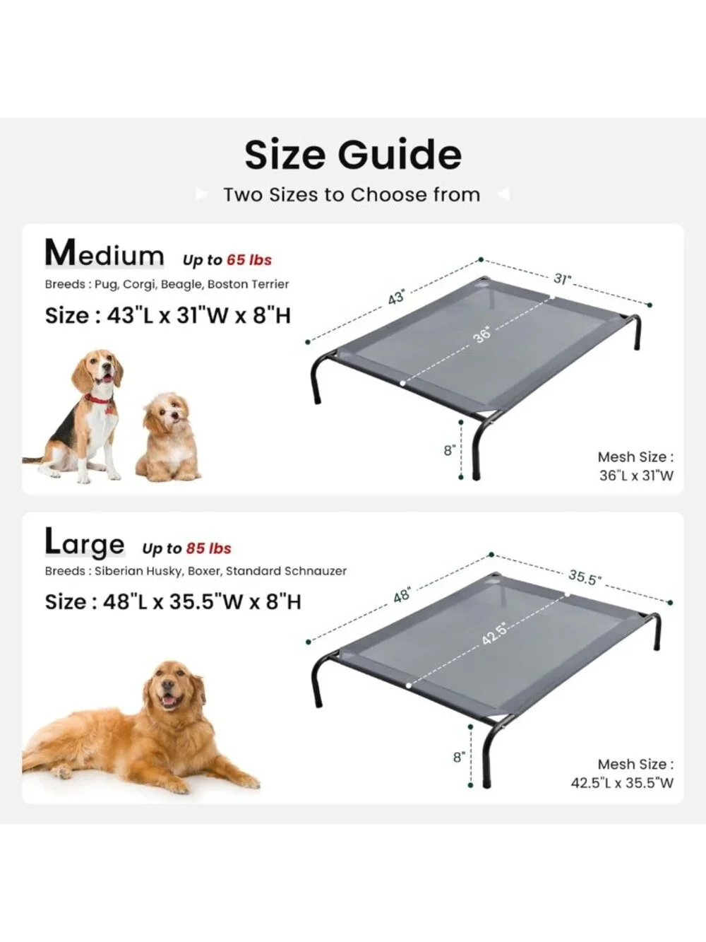 Elevated Cooling Dog Bed for Large Pets - Portable Indoor/Outdoor Cot, Durable